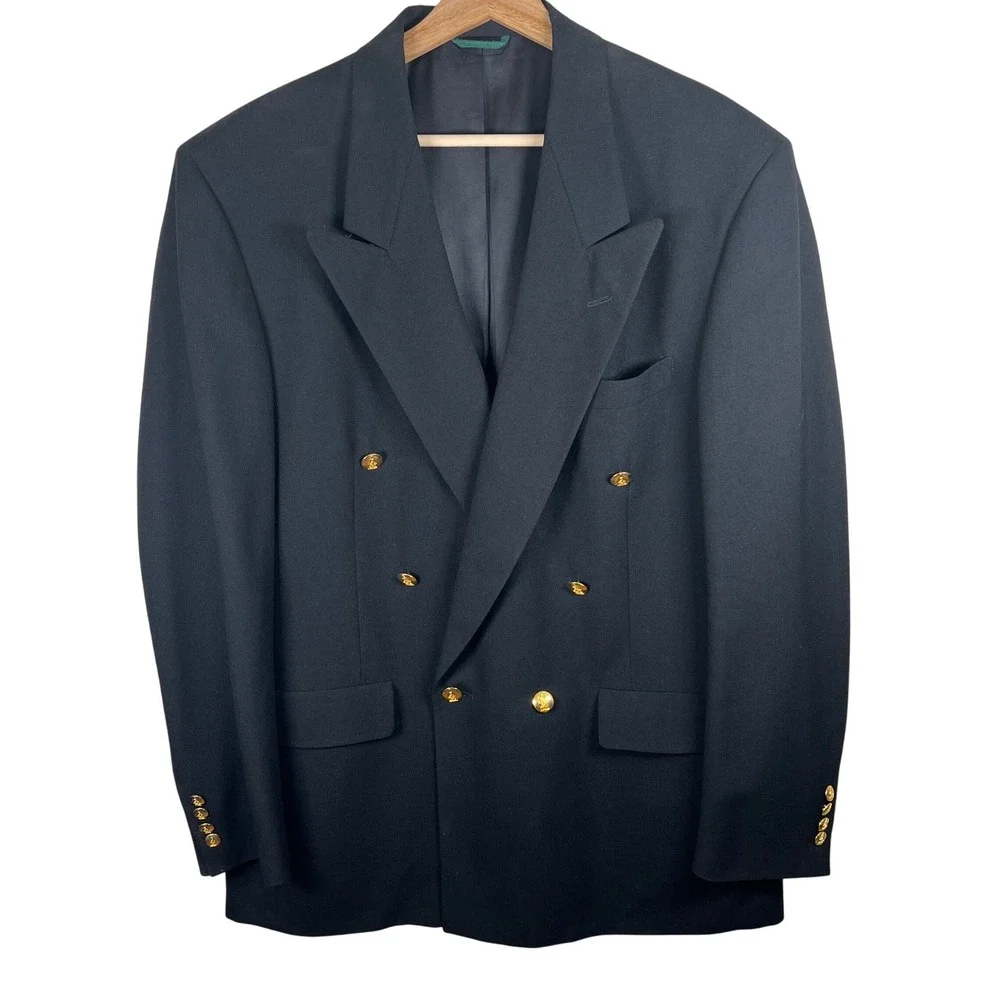 Austin Reed Mens 42L Double Breasted Blazer Black Pure Virgin Wool‎ Gold Button